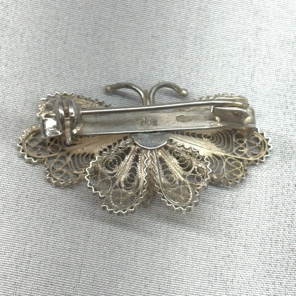 Vintage Butterfly Brooch Unisex OS Silver Excellent 800 Coin Filigree Italian